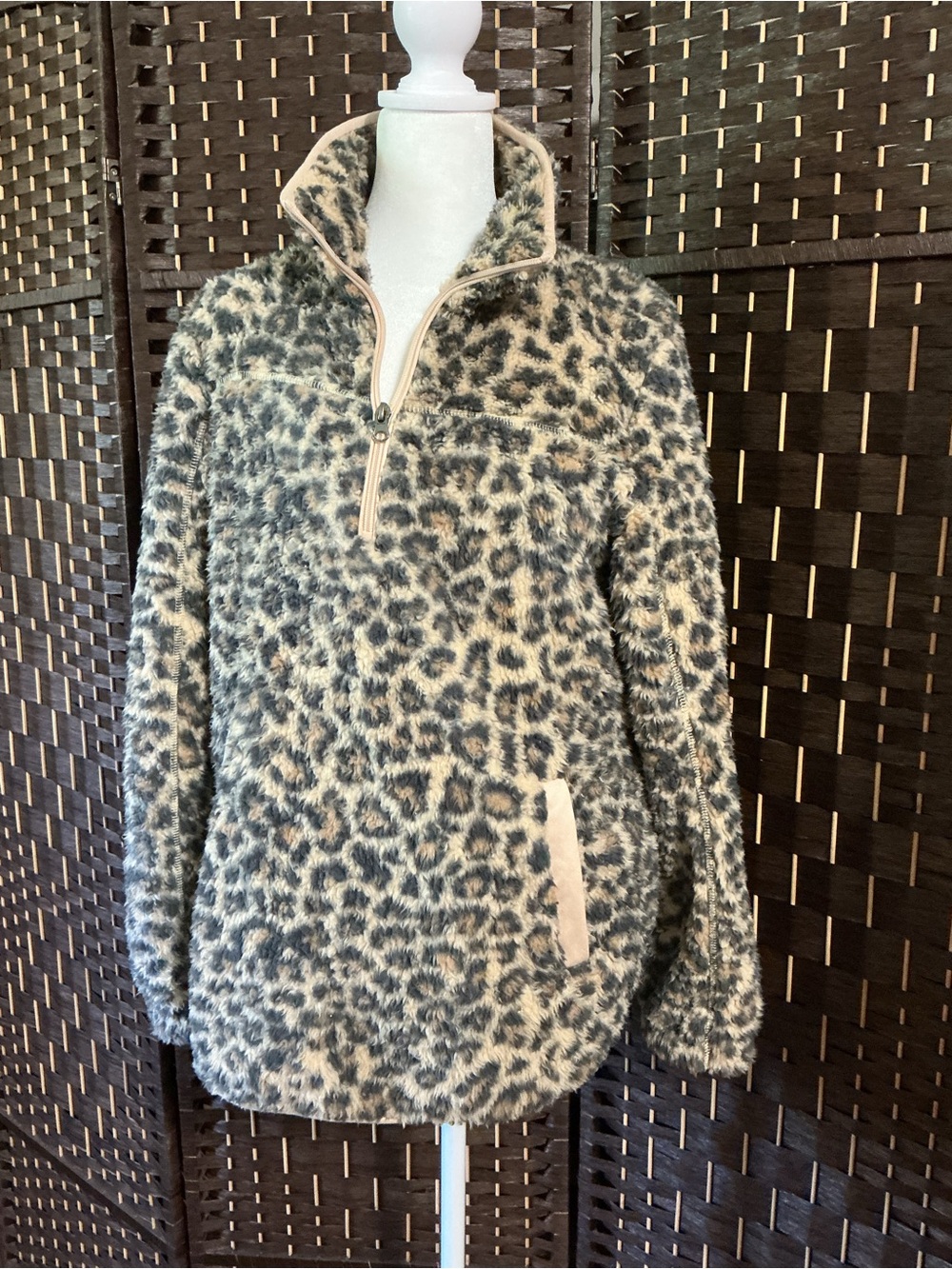 Pink Lily Leopard Print Sherpa Pullover Jacket in Cream and Black